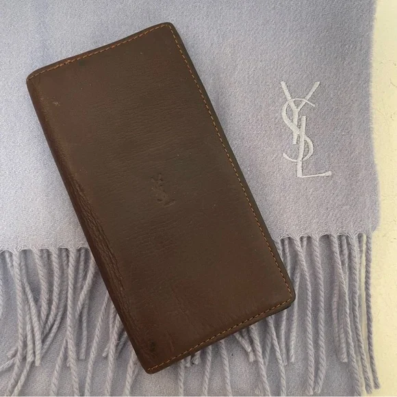 YSL• VTG Leather Pocket Secretary Wallet & Wool/Cashmere Scarf Accessory Bundle